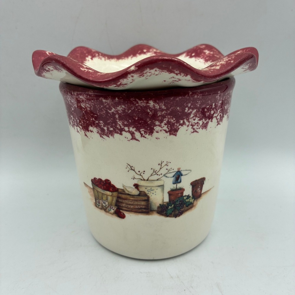 Country Farmhouse Ceramic Potpourri Dip Crock Ruffled Lid Burgundy Cream 4.5in
